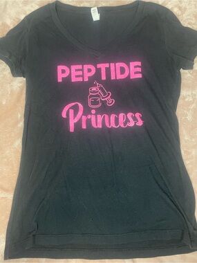 Bella Canvas Black Tee with Hot Pink "Peptide Princess" Graphic. NOT faded.